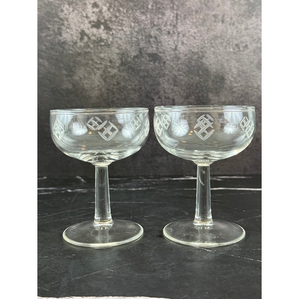 VTG PAIR (2) 1950s Javit Cut Crystal Picket 4.25in Champagne Sherbet Coupes